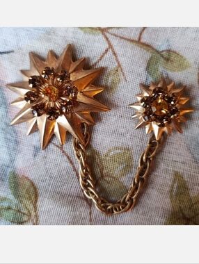 Unisex Vintage Dual Adornment Blazer Pin Brooch Gold Tone Topaz Stones Prong Set